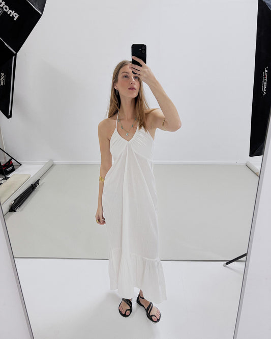 Vestido Largo Escote Frunce Halter Blanco