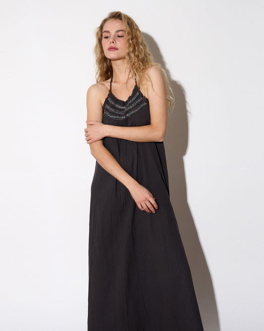 Vestido Espalda Escotada Pedreria Antracita