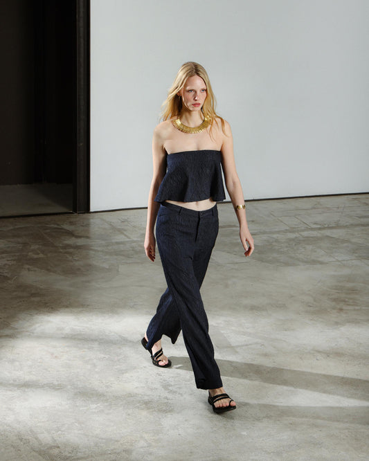 Navy Blue Wide Textured Pants