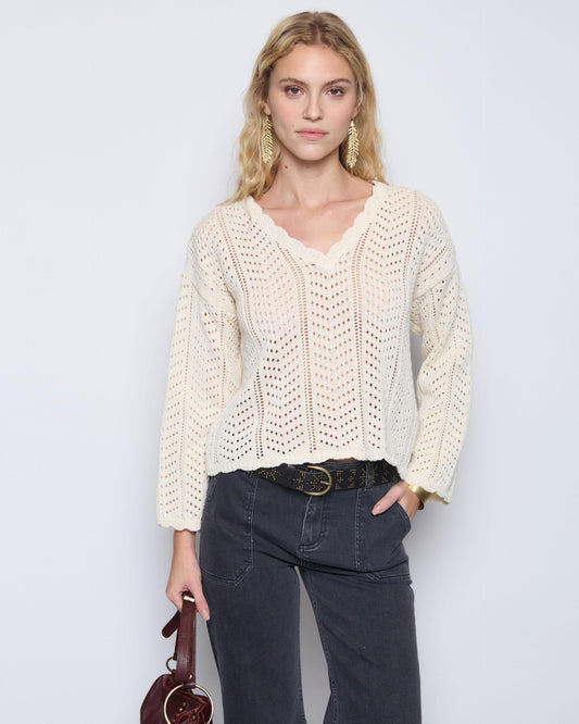 Beige Die-Cut Wave Neck Jersey