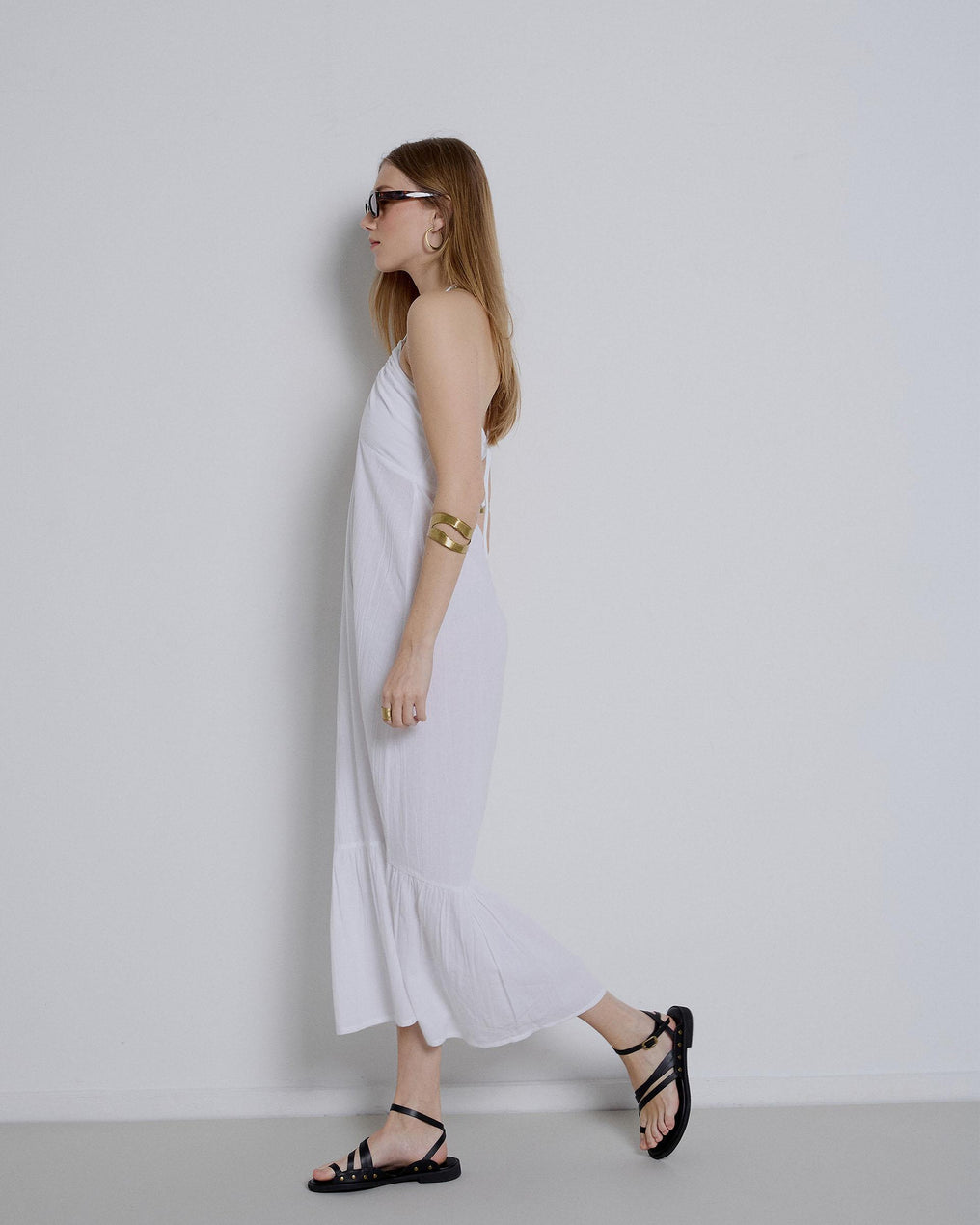 Vestido Largo Escote Frunce Halter Blanco