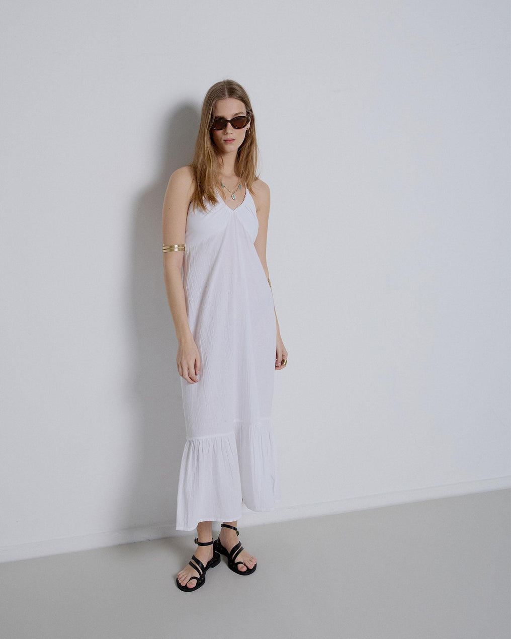 Vestido Largo Escote Frunce Halter Blanco